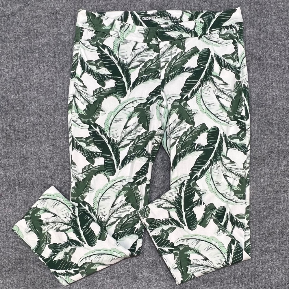 Old Navy Pixie Pants Women 10 Green White Tropical Banana Leaf Print Mid Rise